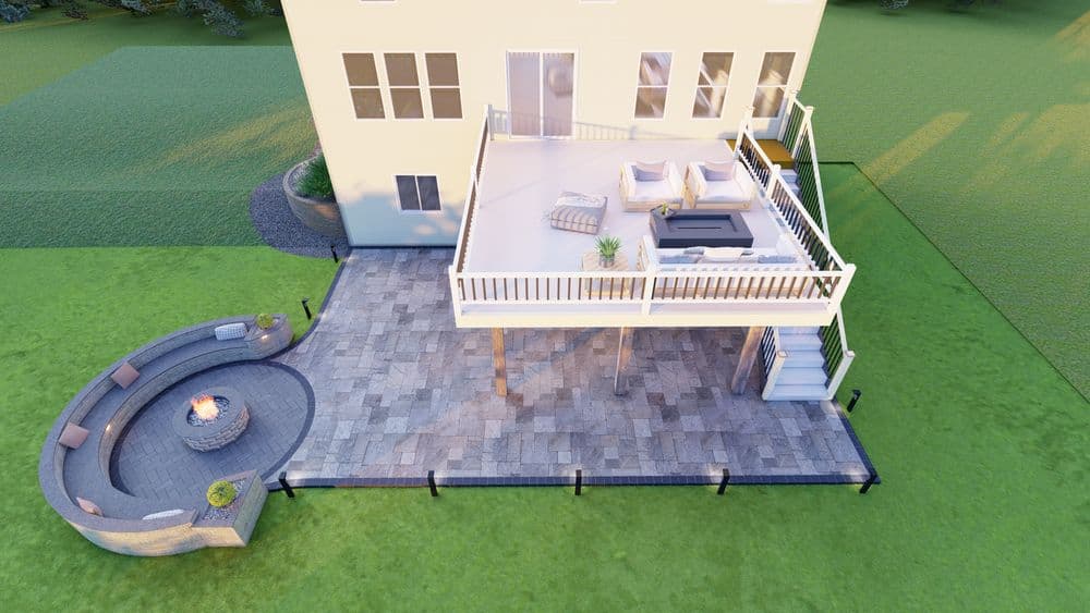 Modern outdoor deck design with fire pit and seating area, surrounded by lush green lawn.